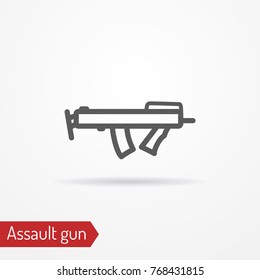 Abstract compact assault firearm. Isolated icon in line style with shadow. Police or army special forces weapon. Military vector stock image.