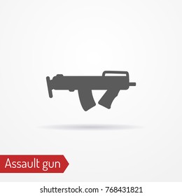 Abstract compact assault submachine gun. Isolated icon in line style with shadow. Typical police or army special forces weapon. Military vector stock image.