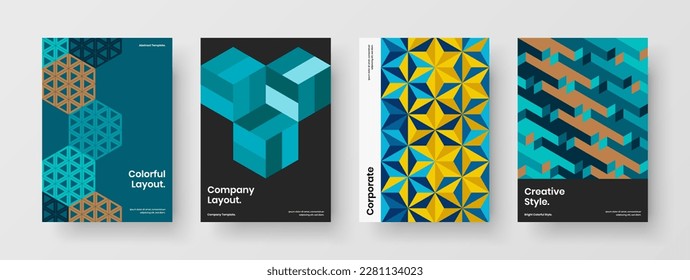 Resumen del folleto de la empresa sobre el diseño de vectores A4. Composición de la plantilla de la portada del libro de hexágonos de mosaicos coloridos.