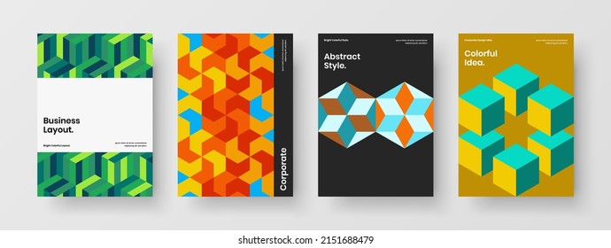 Abstract company brochure design vector illustration composition. Simple geometric hexagons catalog cover concept set.