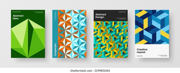 Abstract company identity A4 vector design concept set. Minimalistic geometric hexagons book cover template composition.