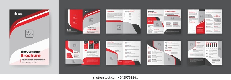 Abstract Company Profile Brochure Template. Bifold Corporate Brochure Layout. Red and Black Accent