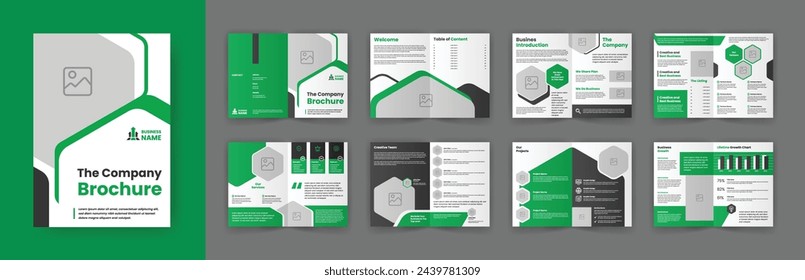 Abstract Company Profile Brochure Template. Bifold Corporate Brochure Layout. Green and Black Accent