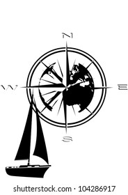 Abstract compass points to the compass, and sailing yacht. Black and white illustration.
