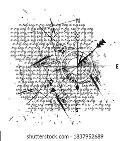 huella de brújula abstracta con escritura a mano para camiseta, vector de brújula, símbolo de impresión de viaje