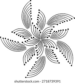 Abstrato Complexo Geométrico Mandala arte ou Elemento de Design com Balanço Radial e uma Sensação de Movimento Fluido, Moderno Vetor Floral Ilustração com Simetria Radial originando-se de um ponto central e espiralando para fora em Pétalas formadas por uma série de Concentric Curved Dashed Lines, variando em comprimento, criando Efeito de penas ou camadas, Efeito Floral Estilizado, Elemento de Design Limpo, moderno e matematicamente estético Dando impressão de vórtice giratório ou um caleidoscópio em mid-motion

