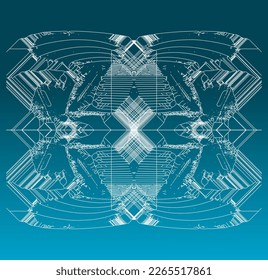 Abstract and complex graphic with mirrored white lines and blue background