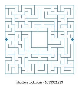 Abstract complex square isolated labyrinth. Blue color on a white background. An interesting game for children and adults. Simple flat vector illustration. With a place for your drawings