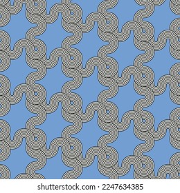 Resumen Complejo Rayas onduladas Círculos Laberinto Maze Ilusión óptica Hipnótica Geométrica Sin Marea Patrón de vectores de moda a la moda Colores de moda a la moda Concepto minimalista Perfecto para la impresión de tela de alamante Azul