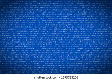 A lot of abstract complicated crypto symbols on blue, data encryption binary code concept