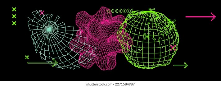 Abstract composition of 3D geometric shapes on a dark background. A conceptual illustration on technological themes.
