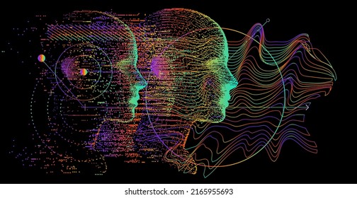 Abstract composition with 3D pixel human head and geometric shapes. Sci-fi futuristic style vector illustration in holographic colors.