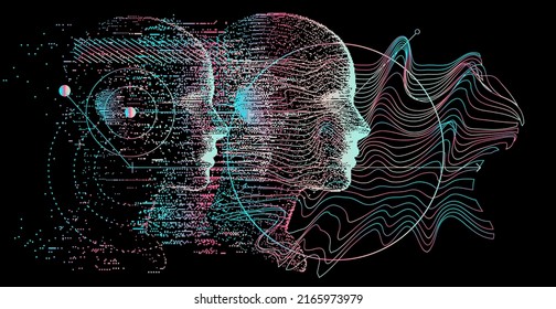 Abstract composition with 3D pixel human head and geometric shapes. Sci-fi futuristic style vector illustration in holographic colors.