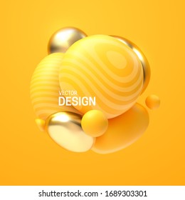 Abstract composition with 3d soft body cluster. Colorful glossy bubbles. Vector realistic illustration of yellow and golden balls. Trendy banner or poster design. Futuristic background with spheres