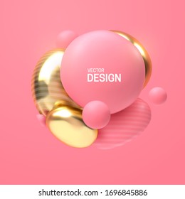 Abstract composition with 3d soft body cluster. Colorful glossy bubbles. Vector realistic illustration of pink and golden balls. Trendy banner or poster design. Futuristic background with spheres