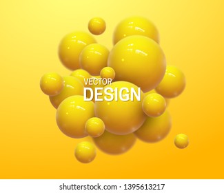 Abstract composition with 3d spheres cluster. Yellow glossy bubbles. Vector realistic illustration of balls. Trendy banner or poster design. Futuristic background