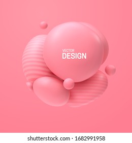 Abstract composition with 3d spheres cluster. Colorful glossy bubbles. Vector realistic illustration of pink soft balls. Trendy banner or poster design. Futuristic background