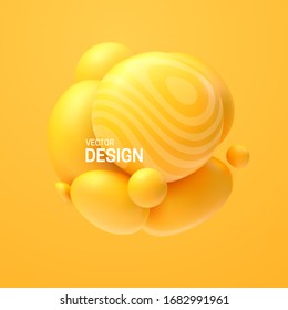 Abstract composition with 3d spheres cluster. Colorful glossy bubbles. Vector realistic illustration of yellow soft balls. Trendy banner or poster design. Futuristic background