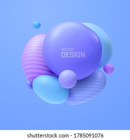 Abstract composition with 3d spheres cluster. Colorful glossy bubbles. Vector realistic illustration of blue and purple soft balls. Trendy banner or poster design. Futuristic background