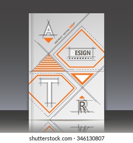 Abstract composition, A, R, T, letter, orange square blocks connecting, quadrate box construction, a4 brochure title sheet, gray backdrop, business card surface, modern light fiber, EPS10 illustration