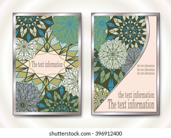 Abstract composition, A4 brochure title page, text frame, motifs, floral, ornaments and mandalas.Floral vector Oriental flyer design layout template front and back sides. Easy to use and edit.for text