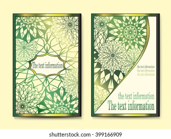 Abstract composition, A4 brochure title page, text frame, motifs, floral, ornaments and mandalas.Floral vector Oriental flyer design layout template front and back sides. Easy to use and edit.for text