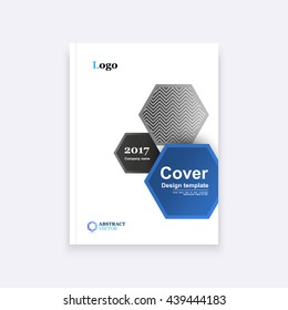 Abstract composition. A4 brochure title sheet. Hexagons. Blue, grey, black. Geometric pattern. Creative. Banner form. Fashionable flyer. Book cover. Template layout. Leaflet. Modern. Poster. Vector
