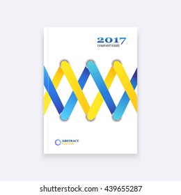 Abstract composition. A4 brochure title sheet. Blue, yellow. Lacing. Creative. Bright. Banner form. Fashionable flyer. Book cover. Template layout. Leaflet. Modern. Poster. Vector