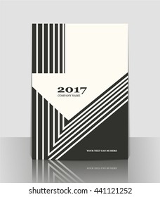 Abstract composition. A4 brochure title sheet. White stripes and triangle. Geometric pattern. Creative. Banner form. Fashionable flyer. Book cover. Template layout. Modern. Poster. Arrow. Black.