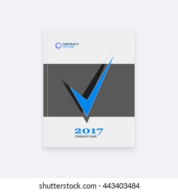 Abstract composition. A4 brochure title sheet. Icon of check box. Geometric. Blue, gray. Creative. Banner form. Book cover. Minimalism.