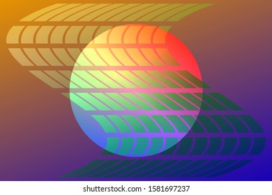 An abstract composition from an array of colored, gradient rectangles which is curved by a snake against the background of a gradient sun. Vector image.