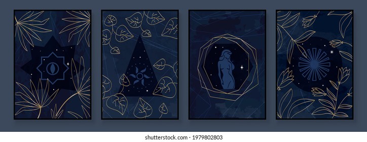 Abstract composition art with nude female silhouette and botanical leaves on dark blue background. Tidewater colors wall art decor. Boho style minimalistic background. Vector illustration.