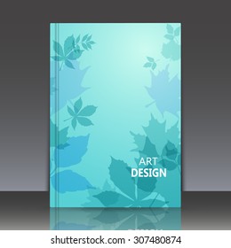 Abstract composition, azure brochure title sheet, natural background, autumn leaves fall, biological print, botanic ornament, ecological design, EPS 10 vector illustration