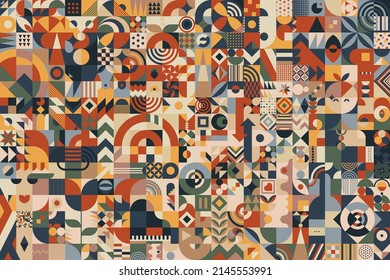 Abstract composition background made of blocks with a great variety of different simple geometric shapes and seamless patterns for your design