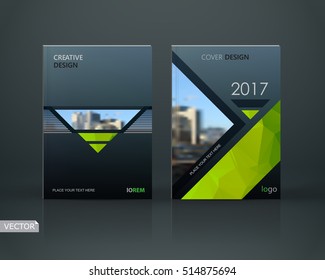 Abstract composition. Black a4 brochure cover design. Info banner text font. Title sheet model set. Modern vector front page. Brand logo sample. Green polygonal figure image icon. Ad flyer frame fiber