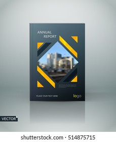 Abstract composition. Black a4 brochure cover design. Info banner font. Hitech text frame. Title sheet model. Modern vector front page. Brand logo texture. Yellow figure image icon. Ad flyer fiber
