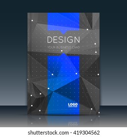 Abstract composition. Black, blue font texture. Perforated dot construction. Text frame. A4 brochure title sheet. Creative figure icon. Commercial logo surface. Pointed banner form. Dark flier fiber