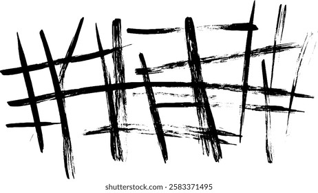 An abstract composition of black brush strokes creating a chaotic pattern. The strokes intersect and overlap, forming a dynamic visual texture.