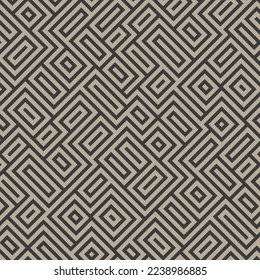 Abstract composition of black diagonal lines in a labyrinth style on a brown background. Maze concept. Seamless repeating pattern. Vector geometric illustration with squares, lines, and rectangles.