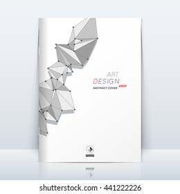 Abstract composition. Black dots, lines plexus. Polygonal triangle section trademark. White brochure title sheet. Creative figure logo icon. Commercial offer banner form. Flyer fiber. Headline element