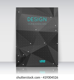 Abstract composition. Black font texture. Perforated dots construction. Text frame. A4 brochure title sheet. Creative figure icon. Commercial logo surface. Pointed banner form. Dark flier fiber