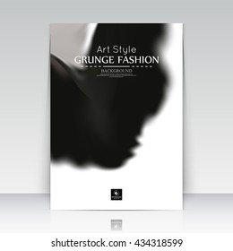 Abstract composition. Black, grey, white color brochure set. Grunge flyer texture. Stained part construction. A4 title sheet. Creative figure icon. Smudge surface banner form. Elegant paint blur font.