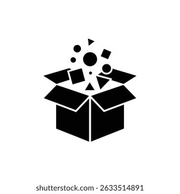 Abstract composition with black open box emitting geometric shapes circles squares and triangles on transparent background.