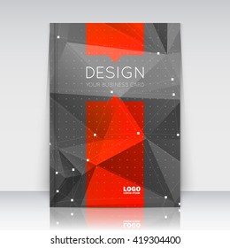Abstract composition. Black, red font texture. Perforated dots construction. Text frame. A4 brochure title sheet. Creative figure icon. Commercial logo surface. Pointed banner form. Dark flier fiber