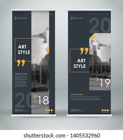Abstract composition. Black roll up brochure cover design. Info banner frame. Text font. Title sheet model set. Modern vector front page. City view brand flag. Yellow citation figure icon. Ad flyer.