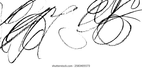 An abstract composition of black scribbles and curves on a white background, showcasing dynamic movement and artistic expression.