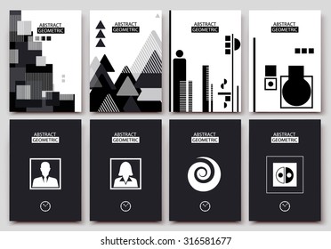 Abstract composition, black and white card set, business pictographs collection, certificate, diploma, patent, charter, text frame, geometric backdrop, brochure title sheet, EPS 10 vector illustration