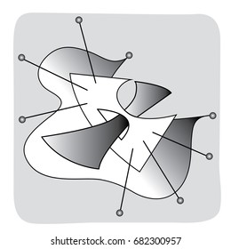 Abstract composition. Black and white drawing intersecting planes, complemented by a voluminous spherical objects. The scope is connected to the center of the composition vectors of distances.