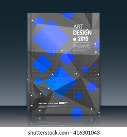 Abstract composition. Blue, black font texture. Perforated dot construction. Square block. A4 brochure title sheet. Creative figure icon. Commercial logo surface. Pointed banner form. Dark flier fiber