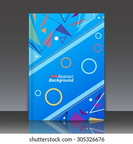 Abstract composition, blue brochure background, geometric shapes, colored triangles, circles, lines, EPS 10 vector illustration